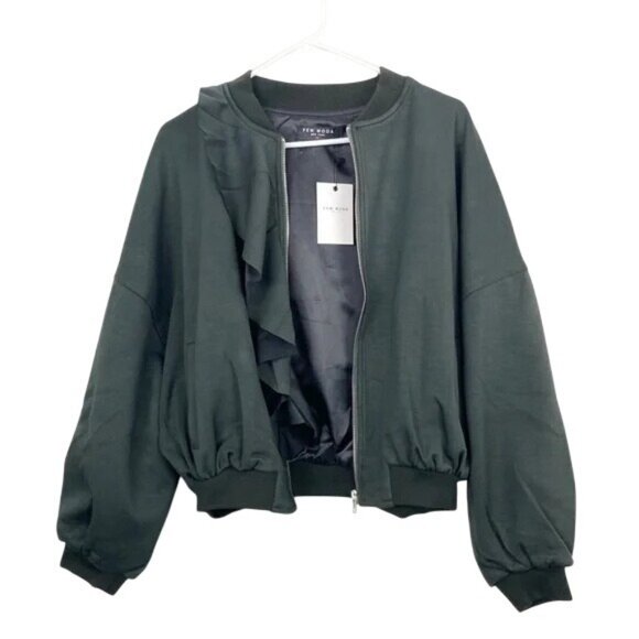 Few Moda Size L Green Ruffle Front Bomber Jacket Black Ribbed Trim Oversized Fit - Picture 5 of 5